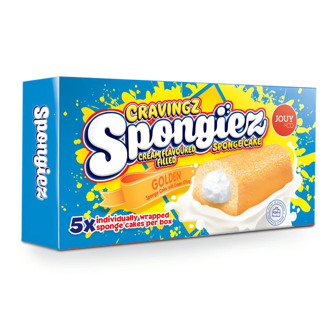 Front of Cravingz Spongiez Golden Sponge Cake box displaying brand logo, description of cream filled sponge cakes, and 5 individually wrapped cakes (200g pack)