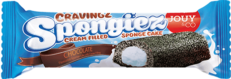 Front of Cravingz Chocolate Spongiez wrapper showing the chocolate sponge cake with cream filling and brand logo (40g pack)