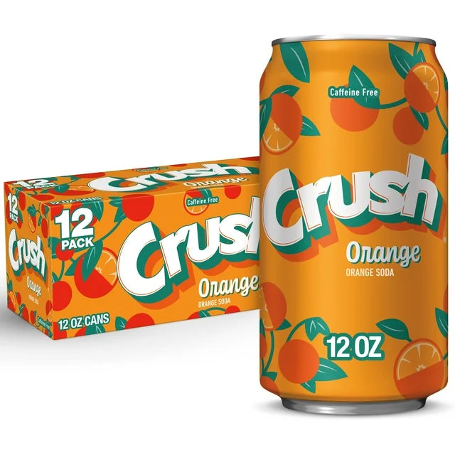 Front of Crush Orange Case of 12 pack showing bright orange design with logo and images of oranges (355ml x12)