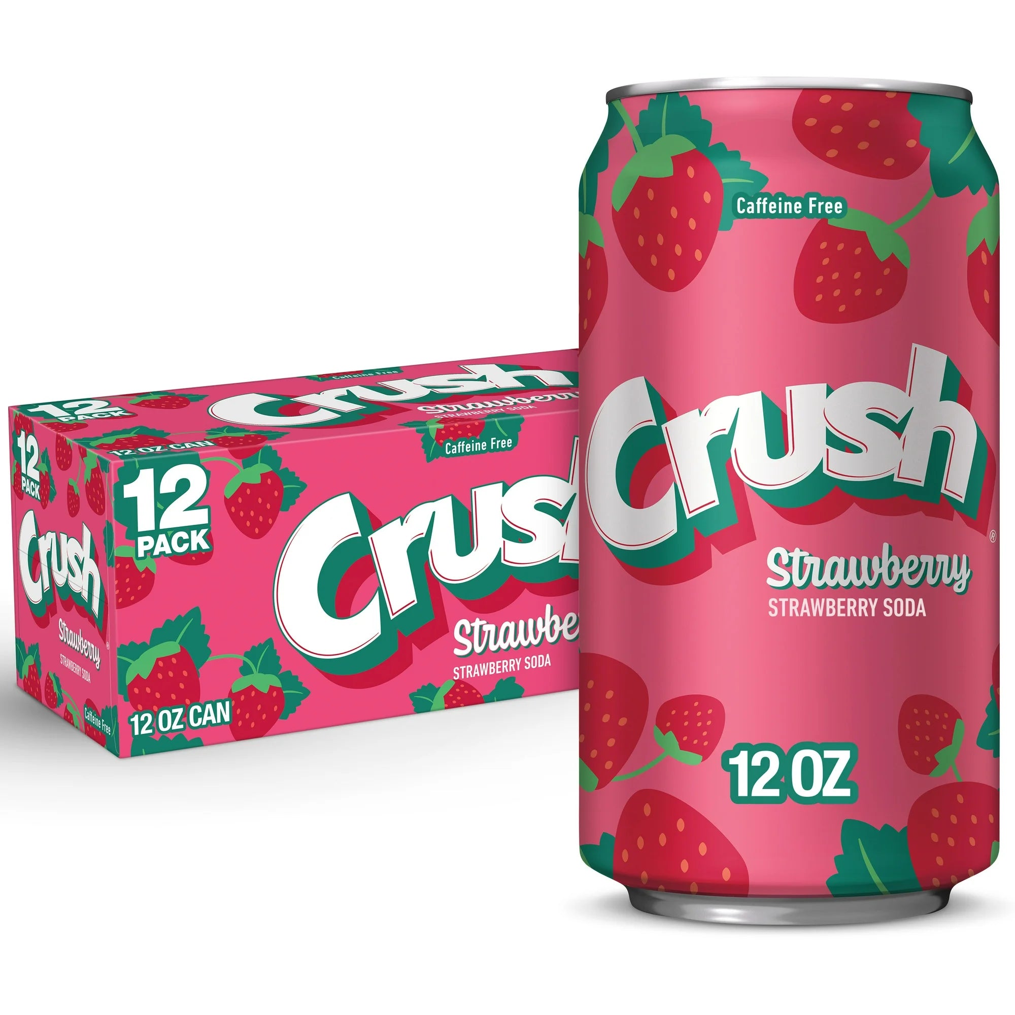 Front of Crush Strawberry soda packaging showing bright pink design, strawberry graphics, and 355ml can details, 12 pack size