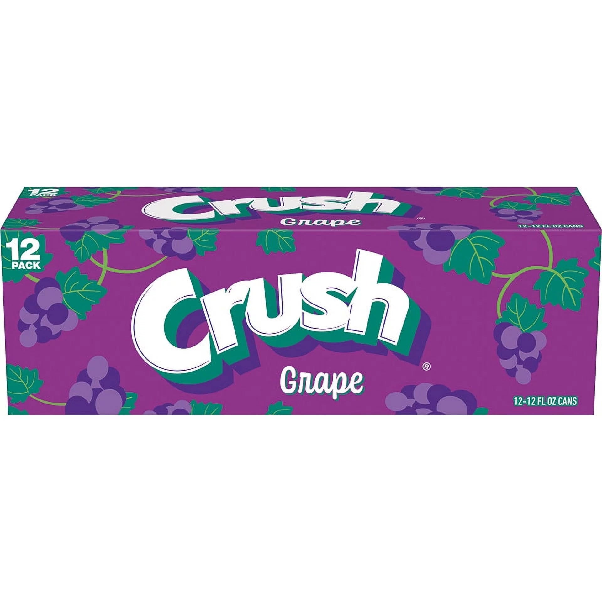 Front of a Crush Grape case showing the logo, grape flavour label, and packaging details (12-pack of 355ml cans)