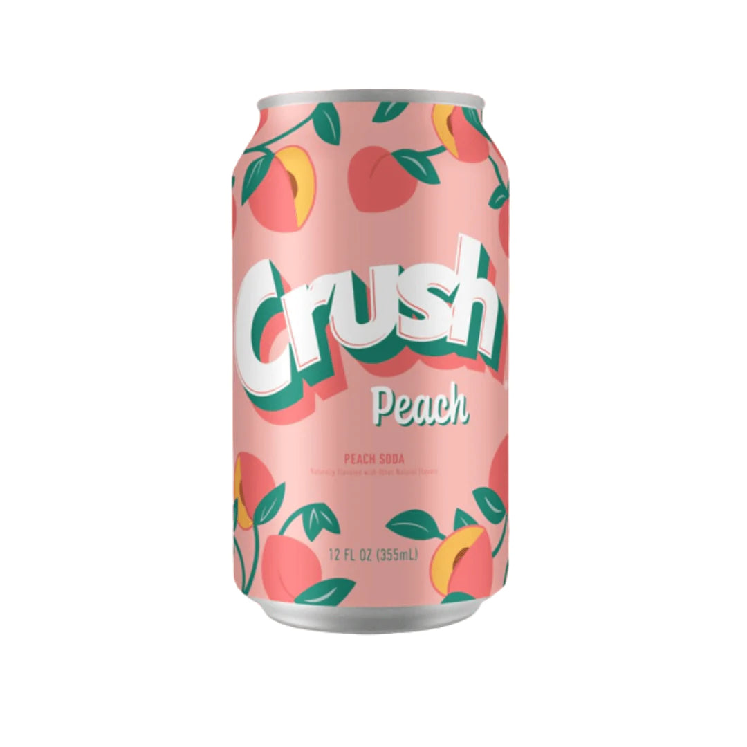 Front of Crush Peach can featuring a pink background with peach illustrations, Crush logo, and peach soda label (355ml can)