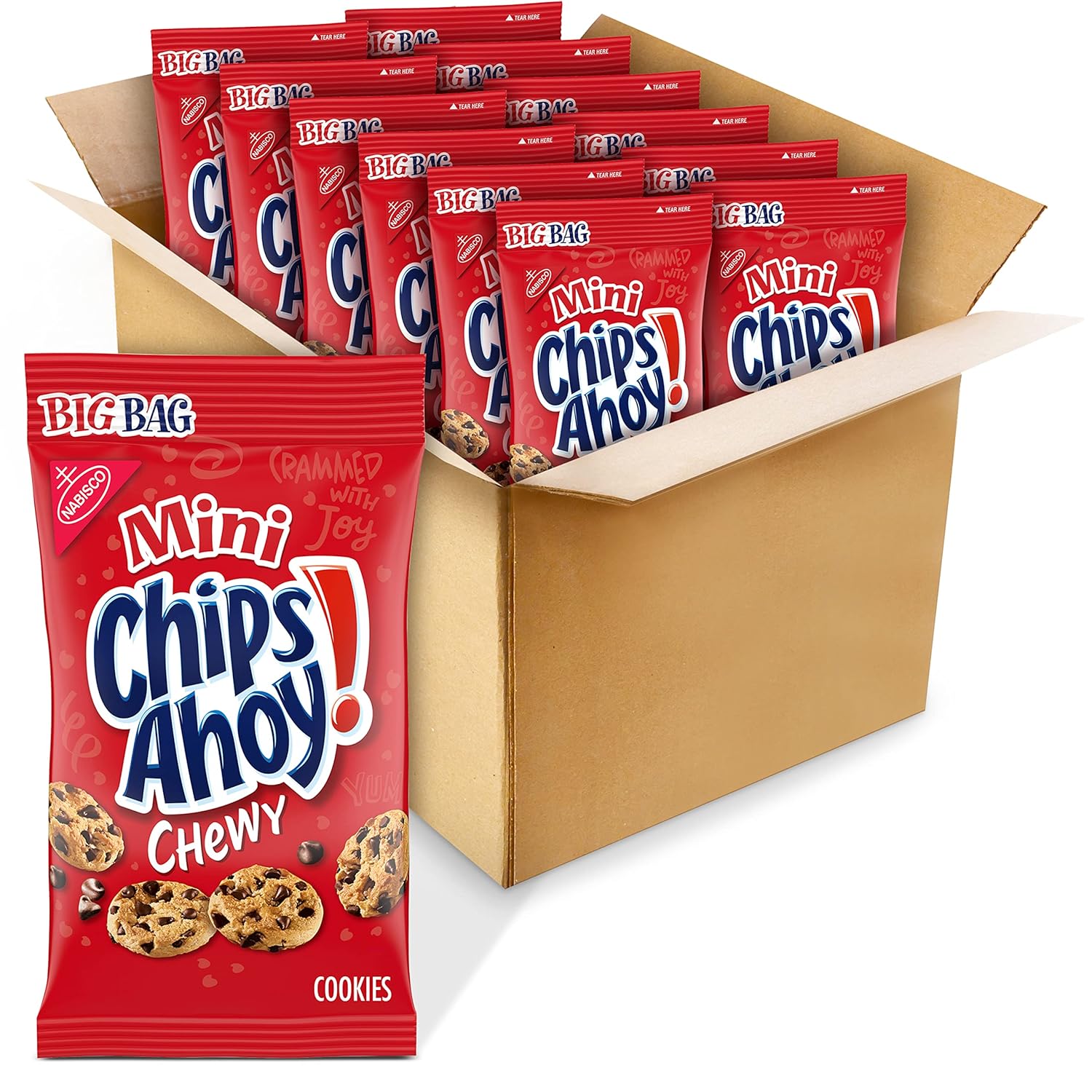 Front of Chips Ahoy Chewy Mini's BIG BAG showing the red pack, mini cookies with chocolate chips, and the 85g size label