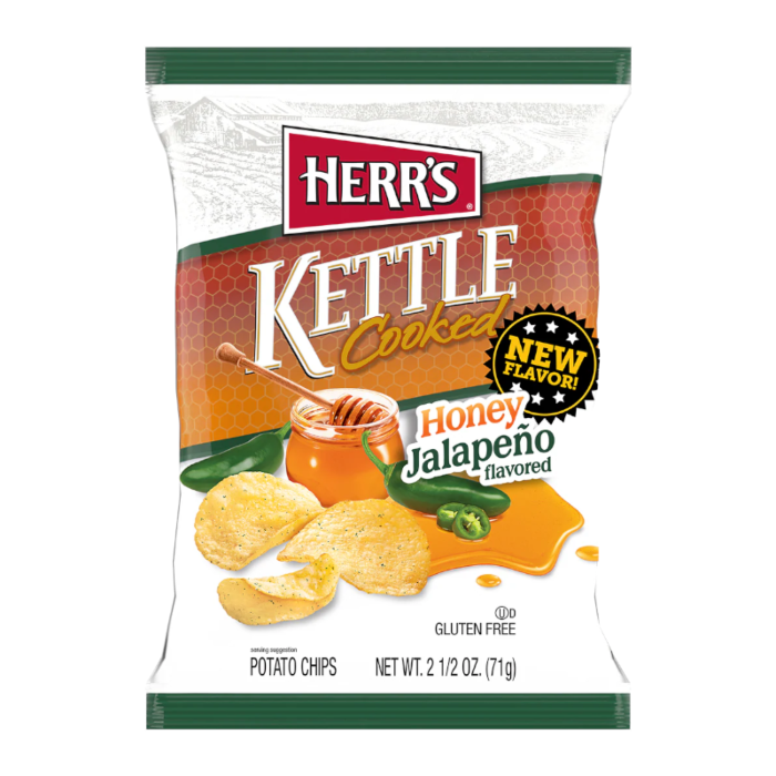Front of Herr's Kettle Cooked Honey Jalapeno Chips bag featuring the logo, honey and jalapeno graphics, and 142g pack size.