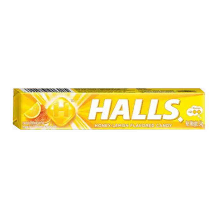 Front of HALLS Fresh Candy Roll showing yellow packaging with honey and lemon imagery, product name, and 33g size.