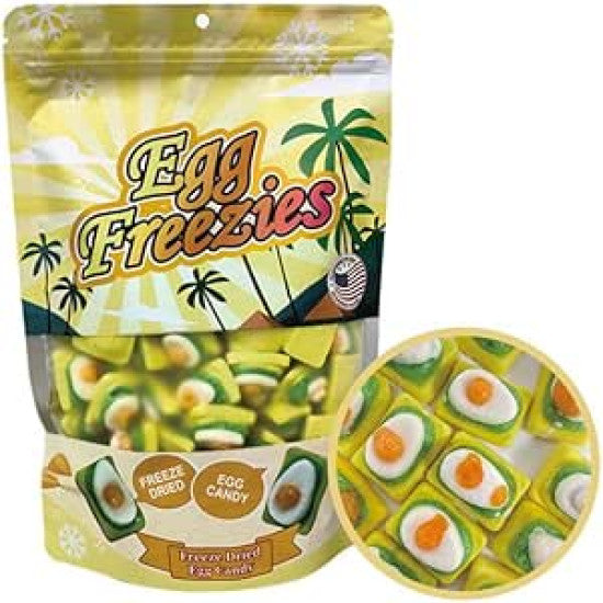 Front of Egg Freezies Freeze Dried Egg Candy bag showing bright colours, egg shapes, and product details (170g pack)