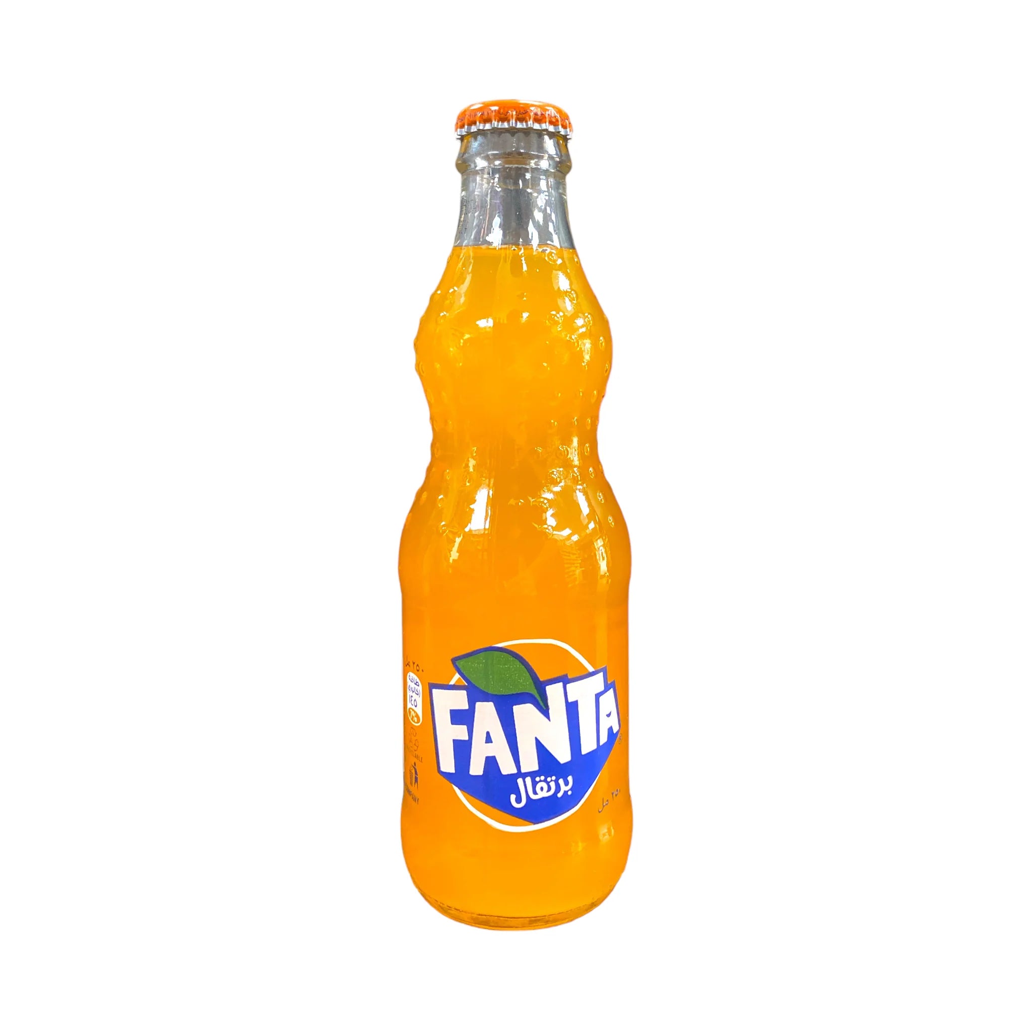 Front of Fanta Orange Glass Bottle (Kuwait) showing the vibrant orange drink, Fanta logo, and label details (250ml)