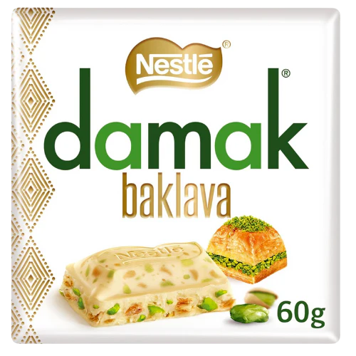 Front of Nestle Damak Pistachio Baklava Chocolate Bar showing logo, baklava imagery, and pack size (60g)