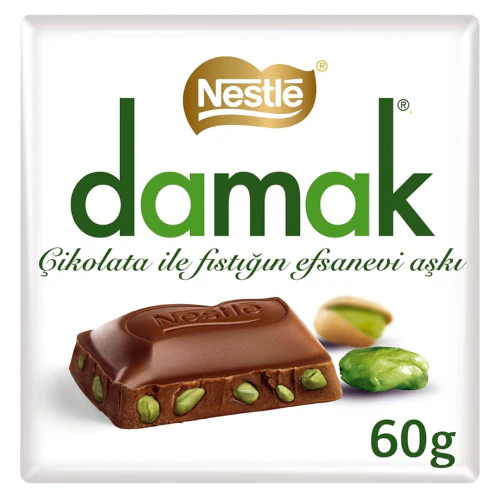 Front of Nestle Damak Milk Chocolate Pistachio Bar showing green logo, milk chocolate with pistachio pieces, and the 60g pack size