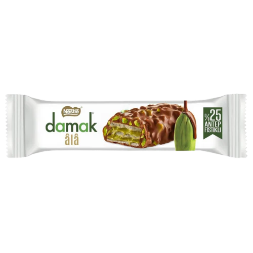 Front of Nestle Damak Pistachio Chocolate Wafer Bar showing chocolate coating, pistachio image, and label details (30g)