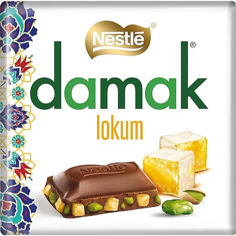Front of Nestle Damak Pistachio & Turkish Delight Chocolate Bar showcasing logo, chocolate bar with pistachios, and Turkish delight pieces (60g pack)