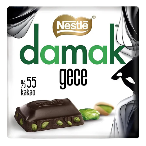 Front of Nestle Damak Pistachio Dark Chocolate Bar showing logo, pistachio pieces, and dark chocolate design (60g pack)