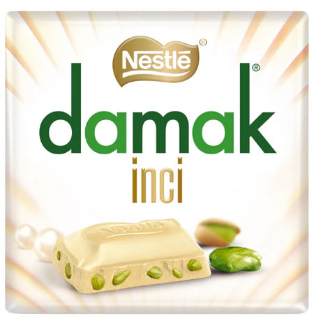 Front of Damak White Chocolate Pistachio Bar package showing the brand logo, product name, and visual of white chocolate with pistachios (60g pack)