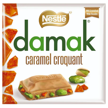 Front of Damak Caramel Croquant Pistachio Chocolate Bar showing the logo, caramel, and pistachio details (60g pack)