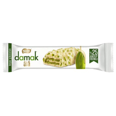 Front of Nestlé Damak White Chocolate Pistachio Bar showing logo, white chocolate with pistachio imagery, and 30g pack size.