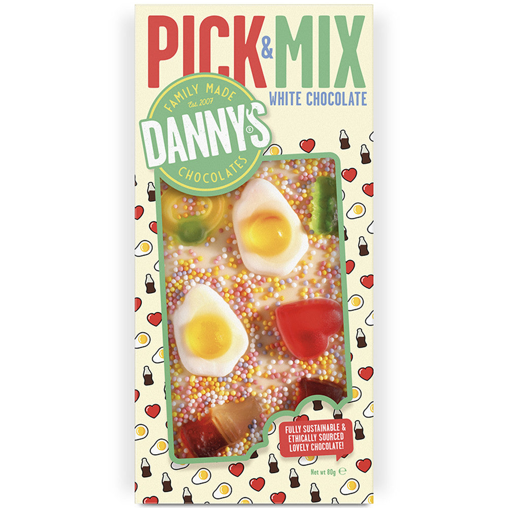 Front of Danny's White Chocolate Pick & Mix pack showing the brand logo, colourful assorted shapes in white chocolate, and 80g weight.