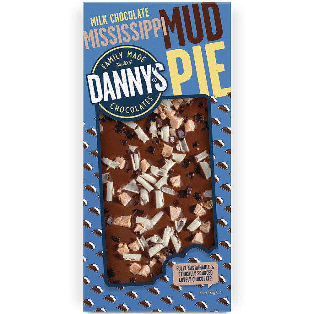 Front of Danny's Milk Chocolate Mississippi Mud Pie package showing the logo, milk chocolate flavour, and visual of the mud pie (80g)