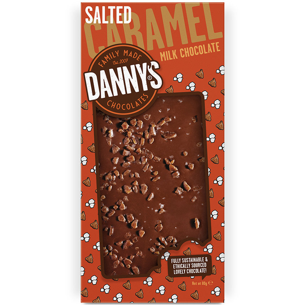 Front of Danny's Milk Chocolate Salted Caramel pack showing the brand logo, product name, and salted caramel design (80g)