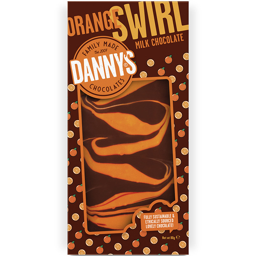Front of Danny's Milk Chocolate Orange Swirl bar showcasing the logo, creamy chocolate design, and orange swirl (80g pack)