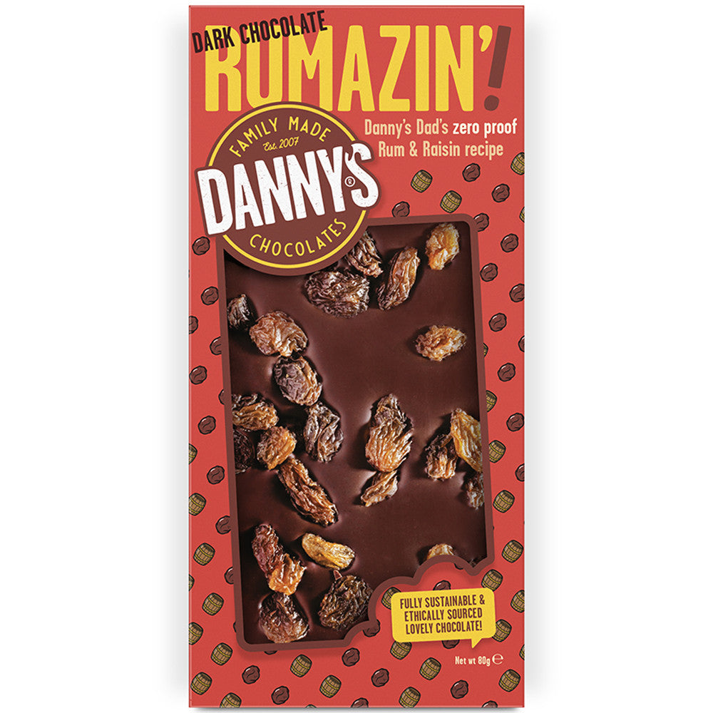Front of Danny's Dark Chocolate Rumazin (80g) showing logo, rum and raisin chocolate bar design with dark chocolate and raisins