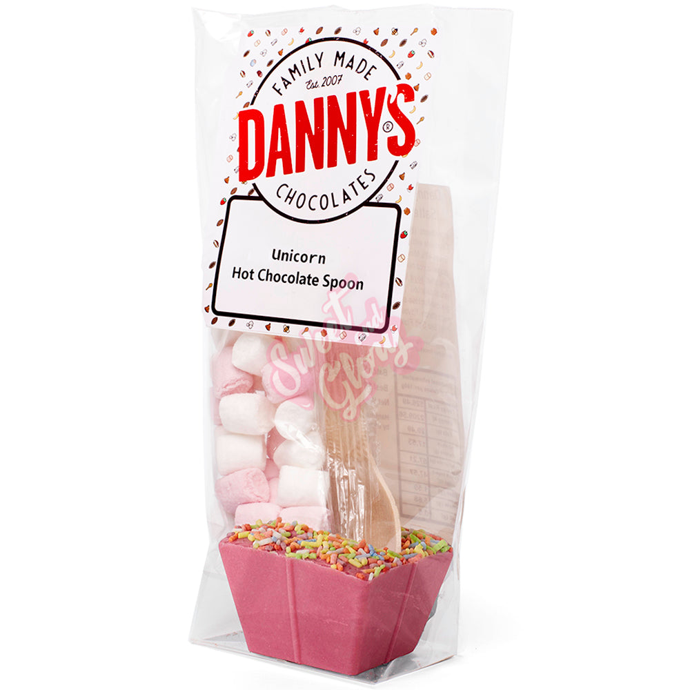 Front of Danny's Strawberry Unicorn Hot Chocolate Spoon with Marshmallow (50g) showing the logo, product name, and colourful marshmallows and sprinkles.