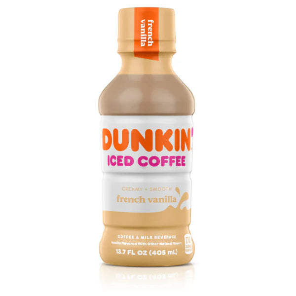 Front of Dunkin Donuts French Vanilla Iced Coffee bottle featuring logo, creamy smooth label, and vanilla flavour details (405ml)
