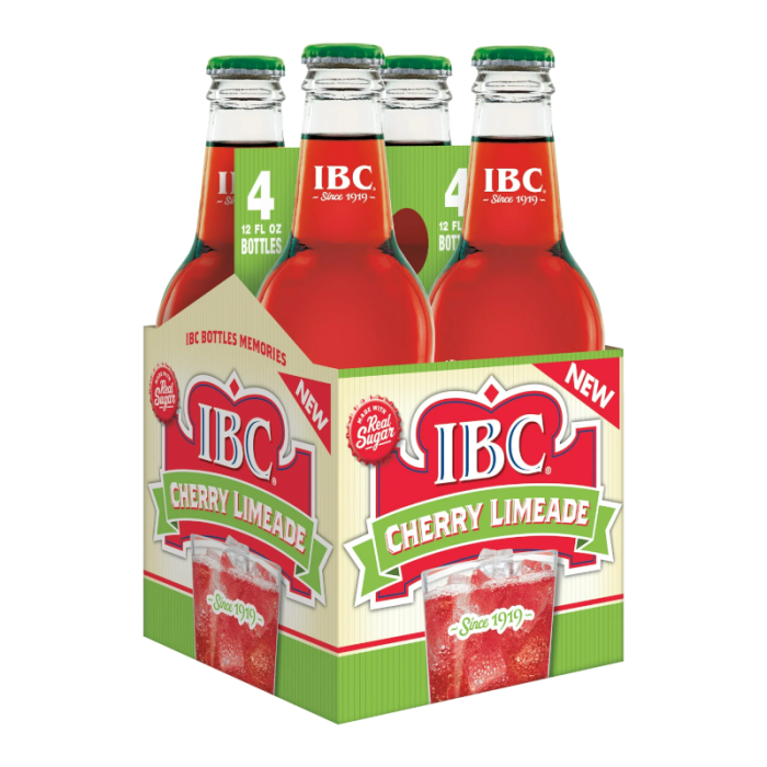 Front of a 4 pack of IBC Cherry Limeade Soda featuring bright red and green packaging with the brand name and flavour clearly displayed (355ml)