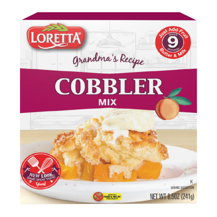 Front of Loretta Grandma's Recipe Peach Cobbler Mix box showing the logo, cobbler mix title, peach illustration, and serving suggestion (241g pack)