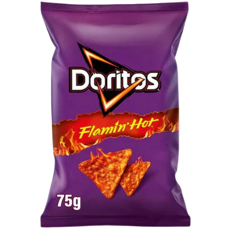 Front of Doritos Flamin' Hot bag showing bold logo, spicy flavour label, and triangular chips (75g pack)