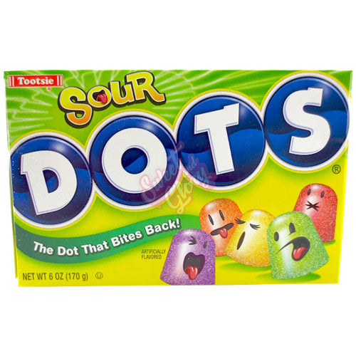 Front of Dots Sour Theatre Box showing colourful sour gummy candies, bold blue and yellow logo, and pack size of 170g.