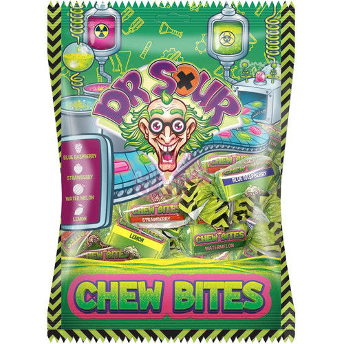 Front of Dr Sour Chew Bites packet featuring the Dr Sour logo, colourful sour candy design, and label details with a 180g pack size.