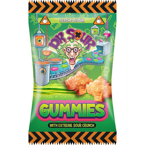 Front of Dr Sour Gummies Peach bag showing vibrant green packaging, with peach flavour label and gummy shapes visible (200g pack)