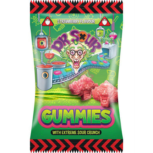 Front of Dr Sour Gummies Strawberry bag showcasing vibrant green packaging, colourful graphics, strawberry flavour label, and gummy candies (200g pack)