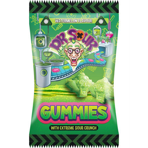 Front of Dr Sour Gummies Watermelon pack featuring bright green design with watermelon flavour and extreme sour crunch details (200g)