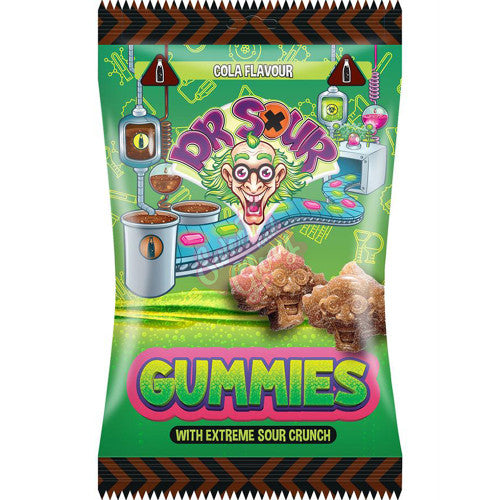 Front of Dr Sour Gummies Cola pack showing colourful branding, cola flavour label, and visible gummies (200g pack)