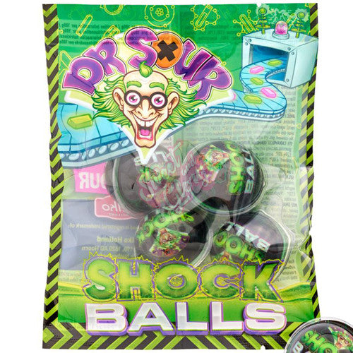 Front of Dr Sour Shock Balls pack featuring vibrant graphics, brand logo, and visual of sour sweets in a 72g pack