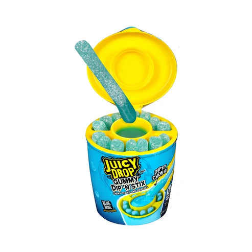 Front of Topps Juicy Drop Gummy Dip 'N Stick Blue Rebel tub showing logo, blue gummy dip, and gummy sticks (96g)
