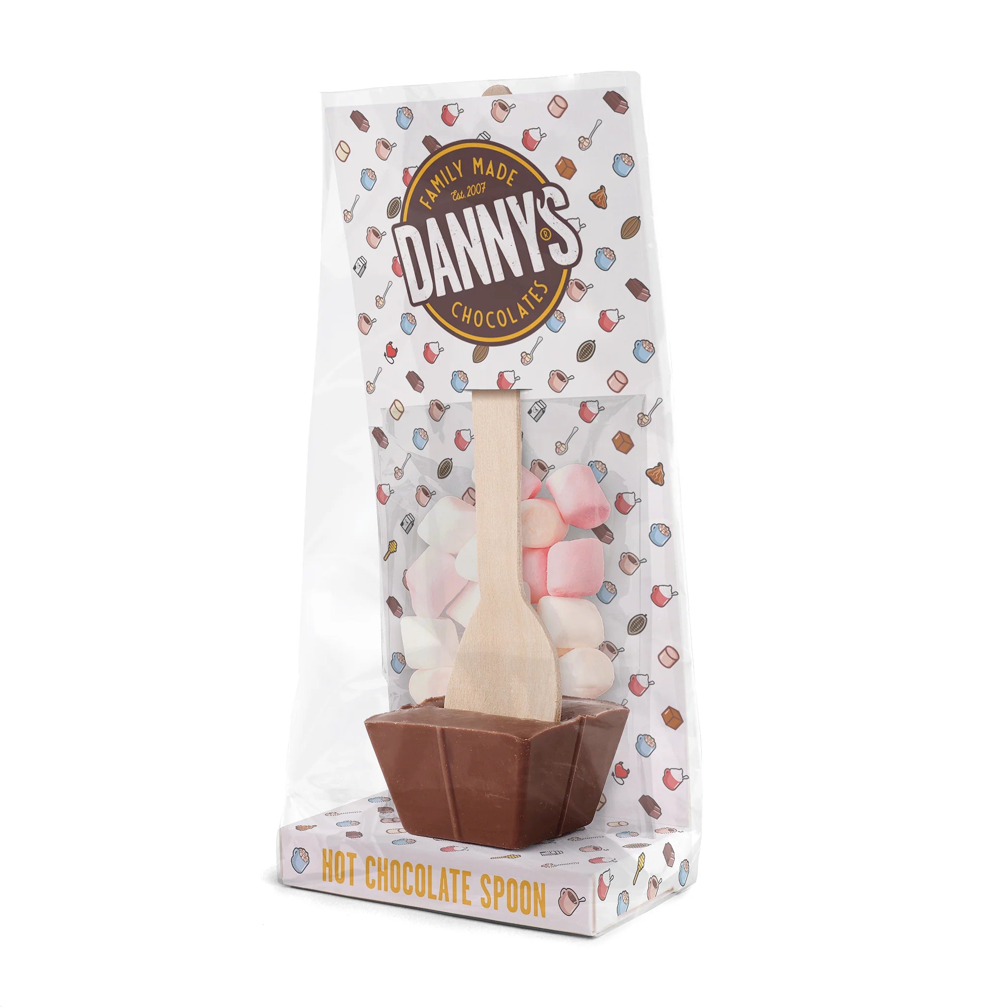 Front of Danny's Mighty Milk Hot Chocolate Spoon With Marshmallows (50g) showing chocolate spoon, marshmallows, and branding details on the packaging.