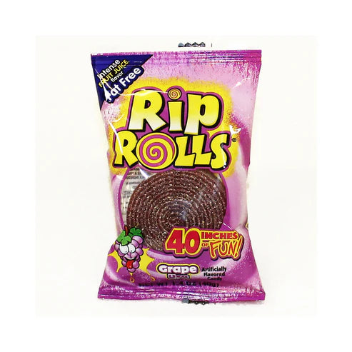 Front of Rip Rolls Grape Candy packaging showing the bright logo, grape flavour label, and image of the rolled candy (40g pack)