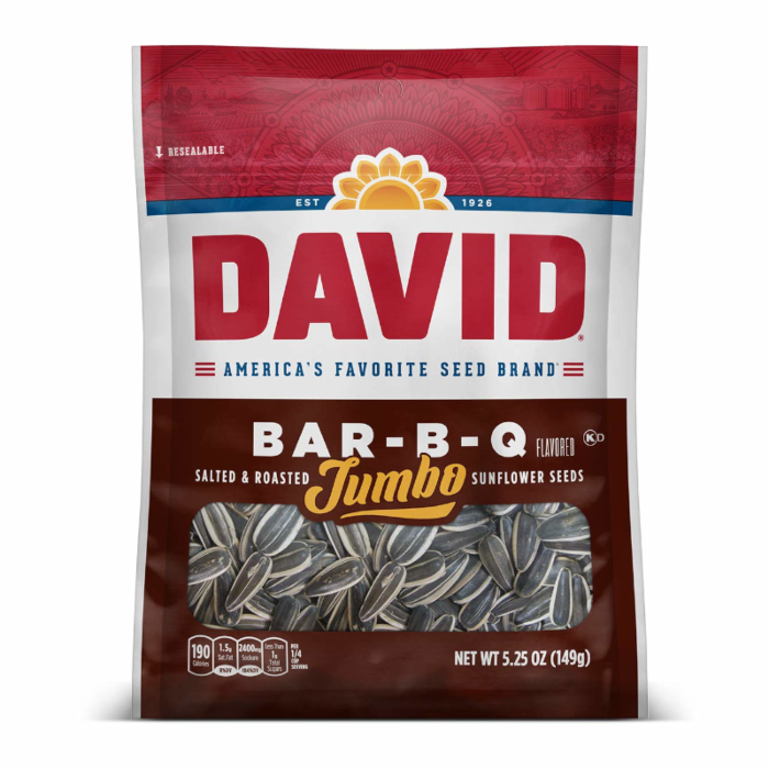 Front of David's Jumbo Sunflower Seeds BBQ bag showing the logo, BBQ flavour label, and seeds (149g pack)