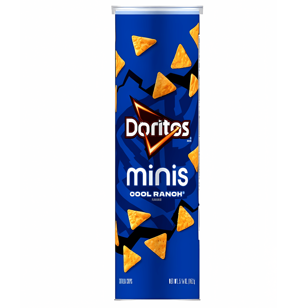 Front of Doritos Minis Cool Ranch bag showing bold logo, blue background, and crispy triangle chips (103g pack)