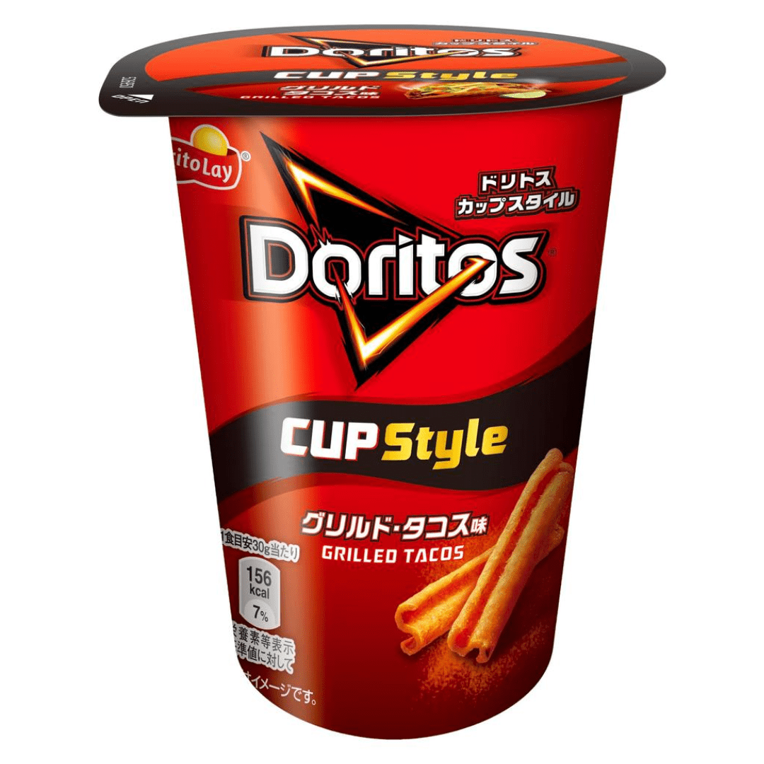 Front of Doritos Cup Style Grilled Taco Japan packaging showing the red design, logo, and taco flavour label (60g pack)