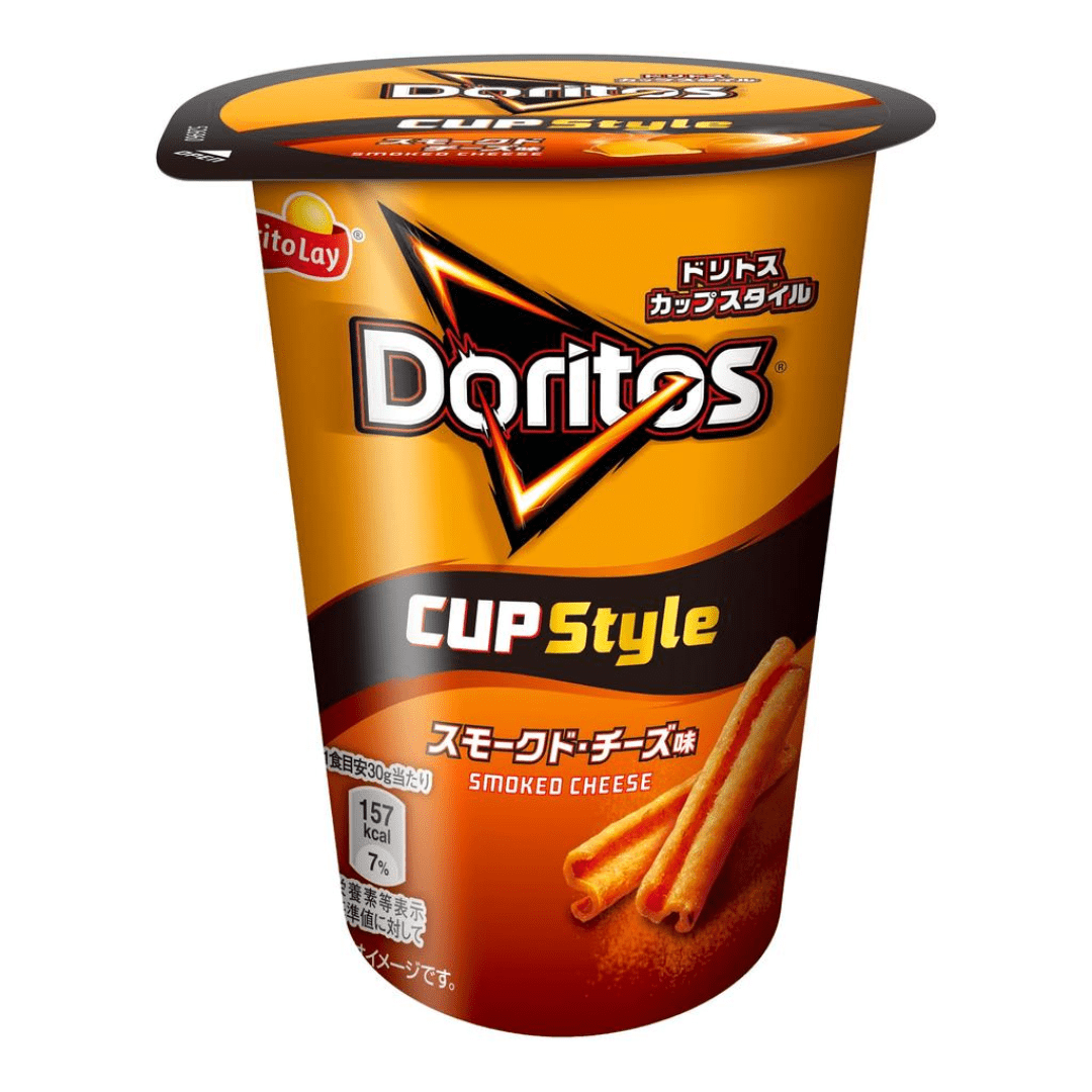 Front of Doritos Cup Style Smoked Cheese packaging showing the Doritos logo, smoked cheese flavour, and convenient cup design (60g pack)