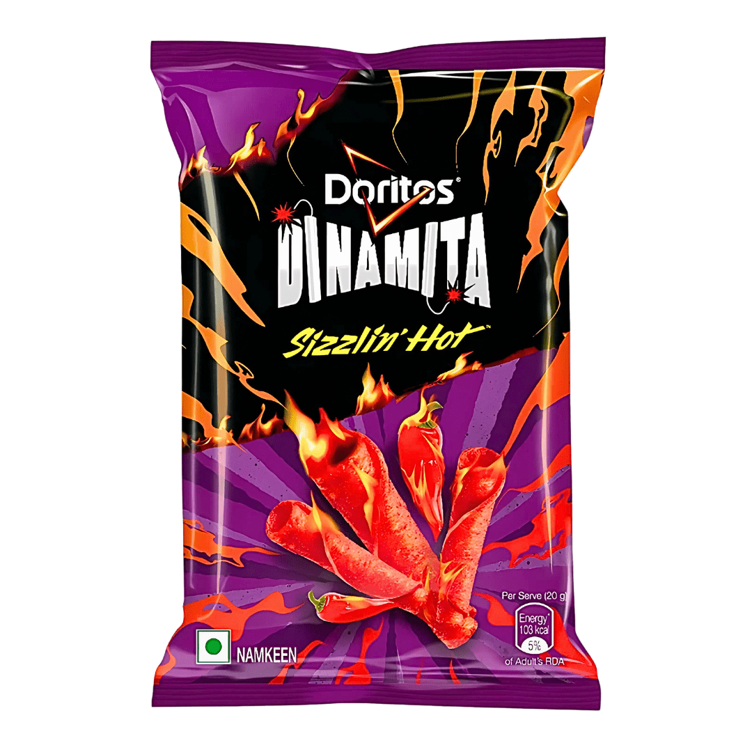 Front of Doritos Dinamita Sizzling Hot bag showing the brand logo, vibrant packaging, and rolled tortilla snacks design (48g pack)
