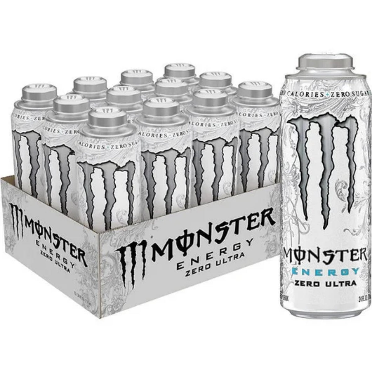 Front of Mega Monster Energy Ultra Zero case showing 12 cans with logo and zero calorie label (12 x 710ml)