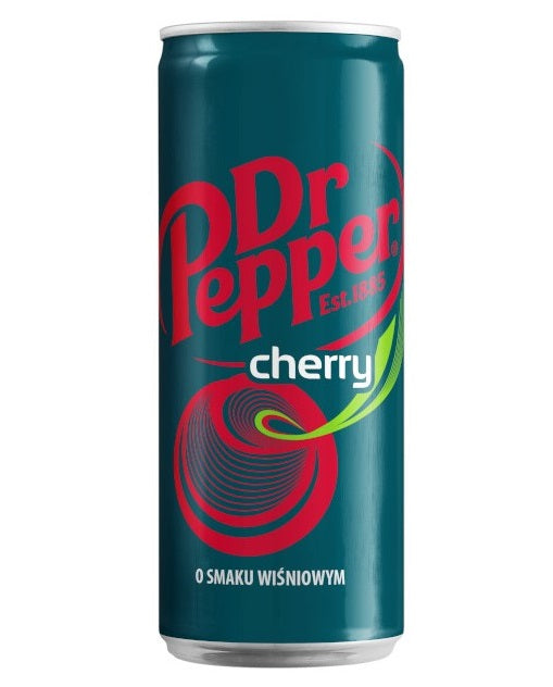 Front of Dr Pepper Cherry Slim Can (330ml) showing the Dr Pepper logo, cherry flavour text, and vibrant can design.