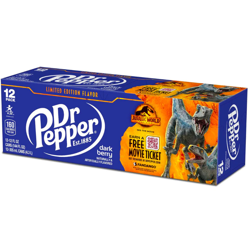 Front of Dr Pepper Dark Berry case showing brand logo, dark berry flavour details, and 12 pack size (355ml cans)