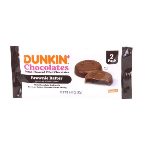 Front of Dunkin Chocolate Brownie Batter 2 pack showing the chocolate-filled donuts and the product name with pack size (40g)