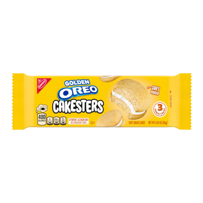 Front of Golden Oreo Cakesters pack showing the logo, soft snack cakes, and vibrant yellow packaging (86g pack)