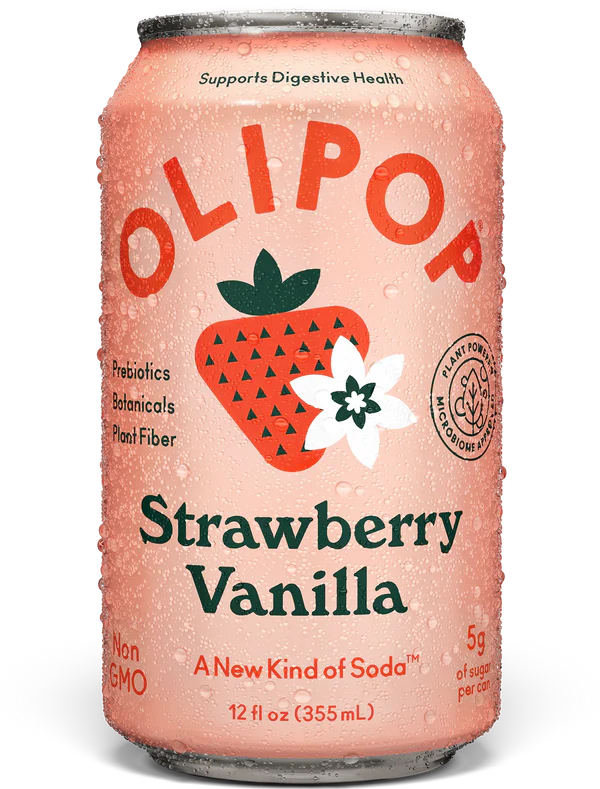 Front of Olipop Strawberry Vanilla can showing vibrant strawberry and vanilla design, 355ml label and botanical illustrations.
